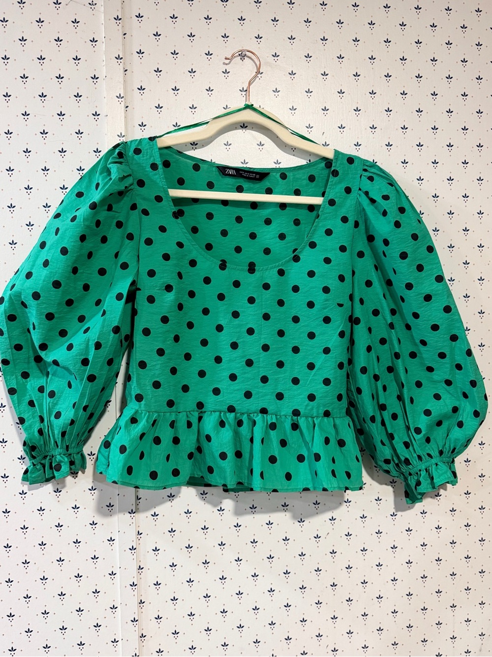Zara Green Black Polka Dot Puff Balloon Sleeve Peplum Blouse Top - Size S